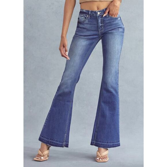 KANCAN Heidi Mid Rise Retro 70’s Flare Cut Release Hem Stretchy Jeans 7/27 - Picture 1 of 14